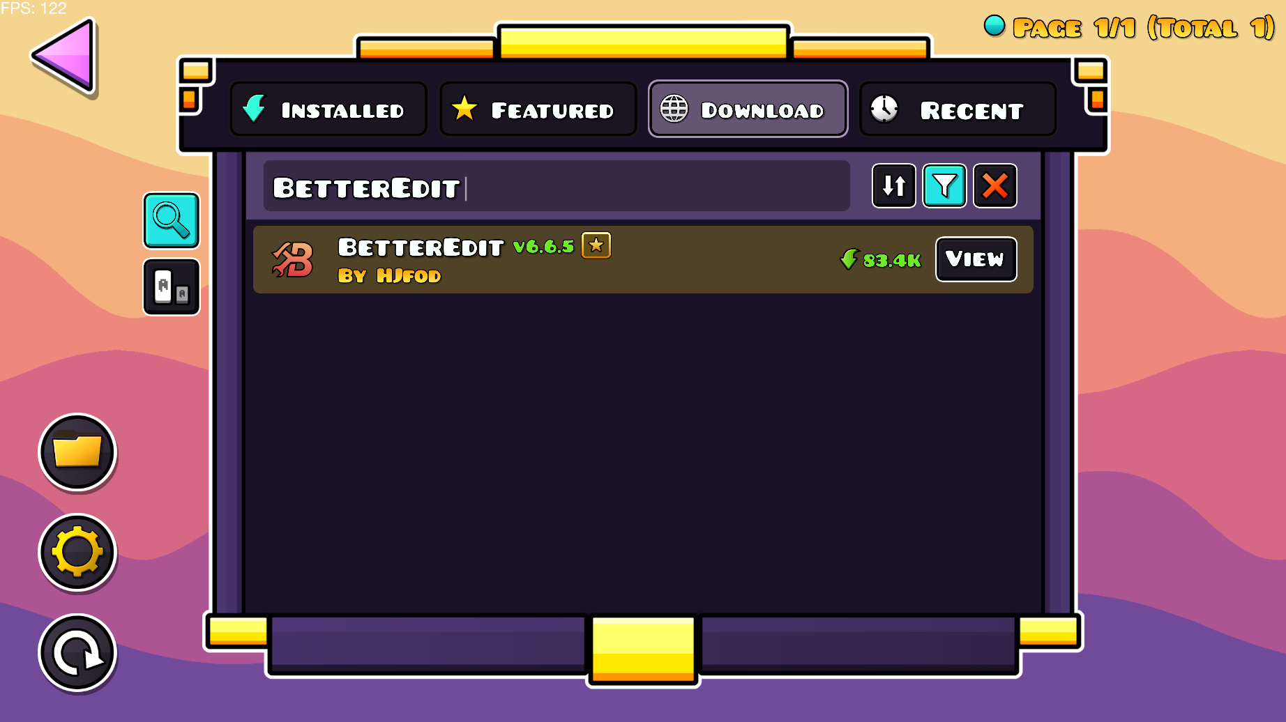 The Geode tab open in Geometry Dash, showing the search results for the 
            'BetterEdit' search query, which comes up with one result for the BetterEdit mod.